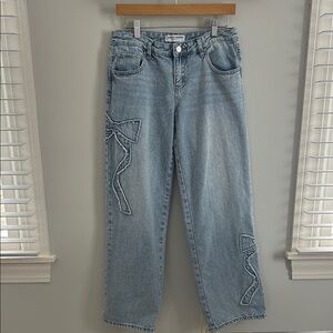 Ashley Mason Light Blue Straight Leg Jeans with Bow Accents
